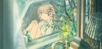  1girl analog_clock bad_id bad_twitter_id blonde_hair blue_eyes book bottle car clock curtains dandelion flower food fruit hand_on_own_knee highres inactive_account kumquat lamp motor_vehicle original papers_drivers parted_lips shirt short_sleeves solo tree vase water_bottle white_shirt window yellow_flower 
