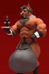  3d_(artwork) alcohol anthro anthroanim beverage black_hair bow_tie bulge clothing digital_media_(artwork) equine hair holding_object hyper hyper_bulge male mammal muscular muscular_male nipples plate sebastian_horse simple_background solo standing 