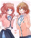  2girls ahoge black_overskirt blazer blue_eyes blue_overskirt blue_ribbon blush breasts brown_eyes brown_hair cardigan closed_mouth cropped_jacket gakuen_idolmaster gradient_hair hair_bun hanami_saki hanami_ume hatsuboshi_gakuen_school_uniform heart heart_hands highres idolmaster jacket kuru_(krkr8686) large_breasts long_hair long_sleeves looking_at_viewer multicolored_hair multiple_girls neck_ribbon open_mouth pink_cardigan pink_jacket red_hair ribbon school_uniform shirt siblings sisters skirt smile two_side_up white_shirt 