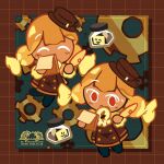  2girls :&lt; black_pantyhose blonde_hair blunt_bangs brown_background brown_dress brown_hat buttons candy chibi closed_eyes coffee_candy_cookie cookie_run cookie_run:_ovenbreak double-breasted dress dual_persona food food-themed_hair frilled_sleeves frills frown gears green_background grid_background hat holding holding_notepad holding_quill konayachi layered_dress long_hair long_sleeves mini_hat multiple_girls notepad pantyhose puffy_long_sleeves puffy_sleeves quill red_eyes shirt signature twintails undershirt welling_inkwell yellow_shirt yellow_sleeves 