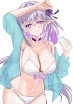  1girl absurdres bikini black_choker blue_jacket bottle breasts castorice_(honkai:_star_rail) choker cleavage commentary_request cowboy_shot highres holding holding_bottle honkai:_star_rail honkai_(series) jacket large_breasts looking_at_viewer navel nekka_(87398o9514) pointy_ears purple_eyes purple_hair simple_background smile solo stomach swimsuit thighs water_bottle white_background white_bikini 