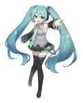  1girl :d aqua_eyes aqua_hair aqua_necktie aqua_trim armpits bare_shoulders black_boots black_skirt boots breasts collared_shirt detached_sleeves eguegukun full_body grey_shirt hair_between_eyes hatsune_miku headset highres knees_together_feet_apart light_blush long_hair long_sleeves looking_at_viewer medium_breasts microphone miniskirt necktie number_tattoo open_mouth outstretched_arm outstretched_hand pleated_skirt reaching reaching_towards_viewer shirt shoulder_tattoo simple_background skirt sleeveless sleeveless_shirt sleeves_past_wrists smile solo standing tattoo thigh_boots twintails very_long_hair vocaloid white_background wide_sleeves zettai_ryouiki 