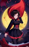  april_cho bad_id bad_pixiv_id bangs black_dress black_hair black_legwear blue_eyes cape character_name cloud cowboy_shot crescent_rose dress full_moon holding holding_weapon looking_at_viewer moon night outdoors pantyhose parted_bangs petals red_cape ruby_rose rwby scythe short_dress short_hair smile solo standing weapon 