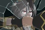  2girls animal_ears black_gloves broken_mirror brown_eyes brown_hair coat commentary_request dual_persona ear_covers feather_hair_ornament feathers fist_bump gloves hair_ornament highres kin&#039;iro_ryotei_(umamusume) looking_at_mirror metal_gear_(series) metal_gear_solid_v:_the_phantom_pain mirror multiple_girls okubomasau parody punching red_eyes sanpaku stay_gold_(umamusume) umamusume upper_body white_hair yellow_coat 