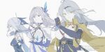  3girls bingzhen_h2o black_gloves black_shorts blue_dress breasts company_connection crossover dress elbow_gloves fingerless_gloves flat_color floating_hair genshin_impact gloves grey_hair hair_ornament hairclip high-waist_shorts highres honkai:_star_rail honkai_(series) jacket jingliu_(honkai:_star_rail) kuji-in large_breasts long_hair looking_at_viewer medium_breasts mihoyo multiple_girls purple_hands red_eyes shorts simple_background skirk_(genshin_impact) smile upper_body white_background white_dress yellow_jacket yixuan_(zenless_zone_zero) zenless_zone_zero 