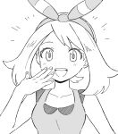  0ming_p 1girl :d absurdres bow bow_hairband greyscale hair_bow hairband highres looking_at_viewer may_(pokemon) monochrome open_mouth pokemon pokemon_oras shirt short_hair sketch sleeveless sleeveless_shirt smile solo teeth upper_body upper_teeth_only white_background 