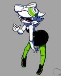  1girl bare_back bare_shoulders black_dress black_jumpsuit bow-shaped_hair dress earrings food food_on_head gloves grey_background half-closed_eyes highres inkling jewelry jumpsuit long_eyelashes looking_at_viewer marie_(splatoon) megalo224 narrow_waist object_on_head open_mouth pale_skin pantyhose pointy_ears red_eyes short_hair short_jumpsuit sideways_glance solo splatoon_(series) strapless strapless_dress sushi tentacle_hair white_gloves white_hair 