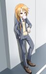  1girl blazer brown_shoes chewing_gum collared_shirt crossdressing dress_pants highres idolmaster idolmaster_cinderella_girls idolmaster_cinderella_girls_u149 jacket mebachi_maguro_(trok_mebachi) necktie orange_hair red_necktie reverse_trap shirt shoes swept_bangs tomboy vest watch wristwatch yuuki_haru 