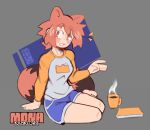 2023 animal_humanoid blue_bottomwear blue_clothing blue_shorts blush bottomwear breasts canid canid_humanoid canine canine_humanoid clothed clothed_female clothed_humanoid clothing container cup derpyfox_36 digital_drawing_(artwork) digital_media_(artwork) emanata english_text eye_through_hair eyebrow_through_hair eyebrows female female_humanoid fingers front_view full-length_portrait hair humanoid light_body light_skin mammal mammal_humanoid markings mona_(derpyfox_36) mug orange_ears orange_eyebrows orange_eyes orange_hair orange_text portrait ring_(marking) ringed_tail shirt shorts sitting smile solo striped_markings striped_tail stripes tail tail_markings tanuki_humanoid text topwear translucent translucent_hair white_text