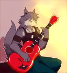  1boy absurdres animal_ears armband black_shirt black_tank_top claws closed_mouth dog_boy dog_ears dog_tags dog_tail english_commentary furry furry_male guitar highres holding holding_guitar holding_instrument instrument jewelry kouya_aotsuki male_focus morenatsu necklace shirt sitting sleeveless sleeveless_shirt smile tail tank_top whiteleo wristband 