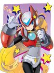  androgynous android blonde_hair blue_eyes capcom covered_navel cowboy_shot gloves hand_gesture head_tilt helmet highres horns_pose long_hair male_focus one_eye_closed robot rockman rockman_x simple_background solo star sumomo very_long_hair white_gloves zero_(rockman) 