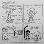 4_panel_comic ambient_bird anthro bovid building caprine clothing comic duo english_text female hand_on_hip lammy_lamb mammal midriff monochrome nikki_morgen parappa_the_rapper plant print_clothing print_shirt print_t-shirt print_topwear rammy_lamb sheep shirt smile sony_corporation sony_interactive_entertainment t-shirt text topwear tree um_jammer_lammy walking water worried