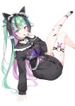  1girl black_hair blush bracelet candy chest_harness choker commission commissioner_upload english_commentary finana_ryugu finana_ryugu_(jirai_kei) fish_skeleton_hair_ornament food foreshortening green_hair harness highres holding holding_candy holding_food holding_lollipop jewelry legs lollipop lollipop_in_mouth long_hair long_sleeves looking_at_viewer looking_back maid_headdress multicolored_hair necklace nijisanji nijisanji_en o-ring o-ring_choker pearl_bracelet purple_eyes purple_hair scales second-party_source shell shell_necklace simple_background skindentation sleeves_past_wrists solo streaked_hair sweater tamatabe very_long_hair virtual_youtuber white_background 