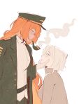  2girls brown_sweater faust_(project_moon) grabbing_another&#039;s_chin green_hat green_jacket hand_on_another&#039;s_chin hat highres ishmael_(project_moon) jacket l0yoke lapels limbus_company long_hair long_sleeves multiple_girls notched_lapels orange_hair pequod_(identity)_(project_moon) project_moon short_hair sidelocks simple_background smoke smoking smoking_pipe sweater very_long_hair white_background white_hair yuri 