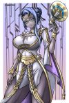  1girl blue_eyeshadow blue_hair blue_lips blue_nails breasts circlet dark-skinned_female dark_skin eyeshadow fire_emblem fire_emblem_heroes gold_circlet heimdallr_(fire_emblem) highres holding holding_megaphone kalesklok large_breasts lipstick makeup megaphone nail_polish office_lady solo 
