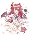  1girl ;d ahoge bare_arms bare_shoulders black_wings blue_bow blush bow commentary_request crescent crescent_hair_ornament crown demon_girl demon_horns demon_tail demon_wings dress fang frilled_dress frills hair_bobbles hair_ornament highres horns long_hair looking_at_viewer mini_crown nijisanji one_eye_closed red_eyes red_hair rino_cnc simple_background sleeveless sleeveless_dress smile solo tail tail_bow tail_ornament tilted_headwear twitter_username very_long_hair virtual_youtuber white_background white_dress wings yuzuki_roa yuzuki_roa_(3rd_costume) 