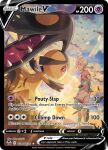  1boy 1girl artist_name bede_(pokemon) bird card_(medium) character_name closed_mouth cloud company_name copyright_name copyright_notice english_text gloves grass looking_back mawile official_alternate_costume official_art opal_(pokemon) outdoors pokemon pokemon_(creature) pokemon_card pokemon_focus pokemon_swsh pokemon_tcg red_eyes saino_misaki sharp_teeth shoes short_hair shorts sky smile sun teeth third-party_source trading_card two-tone_shirt white_hair 