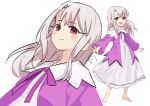  1girl absurdres akaneko016 bare_shoulders blush breasts dress fate/kaleid_liner_prisma_illya fate_(series) full_body highres illyasviel_von_einzbern jacket long_hair long_sleeves looking_at_viewer multiple_views open_mouth purple_jacket red_eyes sidelocks small_breasts smile white_dress white_hair 