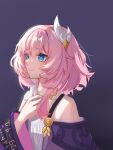  1girl blue_eyes breasts chinese_commentary coat commentary_request cyrene_(honkai:_star_rail) dress hair_ornament highres honkai:_star_rail honkai_(series) jewelry necklace pink_hair pink_pupils purple_background purple_coat purple_eyes small_breasts smile solo upper_body wen_zhai_no_delay white_dress 