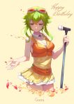  apron bangs bare_arms bare_shoulders breasts character_name cleavage cowboy_shot cursive detached_collar donggua_bing_cha dress eyebrows_visible_through_hair goggles goggles_on_head green_eyes green_hair gumi hair_between_eyes happy_birthday highres legs_together long_hair medium_breasts microphone microphone_stand petals short_dress smile solo vocaloid waist_apron yellow_dress 