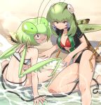  :/ antennae beach bikini black_bikini_bottom black_eyes blue_eyes breasts bug cleavage commentary evolvingmonkey eyebrows_visible_through_hair from_behind full_body grasshopper grasshopper_inoue green_hair green_nails highres indian_style insect insect_girl large_breasts looking_at_viewer looking_back lying mantis_akiyama multiple_girls nail_polish on_side open_mouth original parasite praying_mantis red_bikini_top sand sharp_teeth shirt sitting swimsuit swimwear teeth twintails unzipped water wet wet_clothes wetsuit worms 