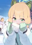  2girls ^_^ absurdres animal_ear_headphones animal_ears aqua_coat black_pantyhose blonde_hair blue_archive blunt_bangs blurry blurry_background blush boots bow breath cat_ear_headphones cat_ears character_snowman closed_eyes clothes_grab coat commentary_request depth_of_field doodle_sensei_(blue_archive) eyes_visible_through_hair fake_animal_ears fur-trimmed_sleeves fur_trim green_bow green_eyes green_halo green_mittens grey_boots hair_bow halo hands_up headphones highres hood hood_down hooded_coat kataage_(kataage_okashi_koujou) lace-up_boots layered_sleeves long_sleeves looking_at_viewer low-tied_sidelocks midori_(blue_archive) midori_(winter)_(blue_archive) mittens momoi_(blue_archive) momoi_(winter)_(blue_archive) multicolored_coat multiple_girls neckwear_grab official_alternate_costume open_mouth outdoors pantyhose pink_halo pink_mittens profile puffy_long_sleeves puffy_sleeves purple_coat red_bow scarf scarf_bow scarf_grab sensei_(blue_archive) siblings sidelocks sisters sky smile snow solo_focus standing steam text_print translation_request twins upper_body white_coat white_scarf winter winter_clothes 