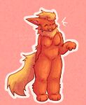 2025 anthro anthrofied artist_name breasts chemicalcreature colored digital_drawing_(artwork) digital_media_(artwork) ears_down eeveelution eyes_closed female flareon fur generation_1_pokemon hand_behind_back hand_behind_butt happy limp_wrist nintendo nipples orange_body orange_fur pink_nipples pivoted_ears plantigrade pokemon pokemon_(species) raised_hand shaded signature slightly_chubby smile solo standing text watermark yellow_body yellow_fur