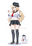  1girl animalization atago_(kancolle) black_sailor_collar black_skirt black_thighhighs blonde_hair blue_eyes breasts cosplay flat_cap full_body hat hibiki_(kancolle) hibiki_(kancolle)_(cosplay) kantai_collection large_breasts long_hair long_sleeves masara_(chuujou) midriff one-hour_drawing_challenge pleated_skirt sailor_collar sailor_shirt school_uniform serafuku shirt skirt thighhighs undersized_clothes white_shirt 