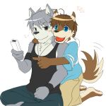  2boys ahoge animal_ears barefoot black_shirt black_tank_top blue_hoodie blue_pants blush brown_shorts closed_mouth commentary_request controller dog_boy dog_ears dog_tags fang furry furry_male game_controller hood hood_down hoodie indian_style jewelry kouya_aotsuki looking_ahead looking_at_another male_focus morenatsu multiple_boys necklace open_mouth pants pawpads satake_(2f) shirt shorts shun_kodori sitting sleeveless sleeveless_shirt smile tail tail_wagging tank_top white_background wii_remote wolf_boy wolf_ears wolf_tail 