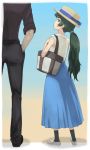  1girl bag belt black_pants black_shirt blouse blue_skirt from_behind green_eyes green_hair hand_in_pocket handbag hat hat_ribbon highres hiyajou_maho long_hair looking_at_viewer looking_back menomorute okabe_rintarou out_of_frame pants ponytail ribbon shirt shoes skirt sleeveless sneakers socks standing steins;gate steins;gate_0 thick_eyebrows 