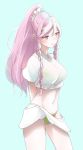  alternate_costume arms_behind_back bikini_bottom blue_background blush braid breasts cowboy_shot fire_emblem fire_emblem:_kakusei green_panties long_hair looking_away medium_breasts microskirt midriff navel olivia_(fire_emblem) panties pink_eyes pink_hair ponytail scrunchie shirt short_sleeves sidelocks simple_background skeptycally skirt solo t-shirt twin_braids underwear white_shirt 