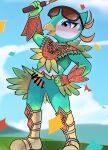 4_fingers absurd_res animal_genitalia anthro armor aroused aroused_smile avian beaded_breastplate beaded_clothing beads beak bird bird_body_(nintendo_switch_sports) blue_eyes blush boots bottomwear breastplate censored clothed clothing cloud colored commando confetti crop_top digital_drawing_(artwork) digital_media_(artwork) erection erection_under_skirt exposed eye_markings eyeliner eyewear eyewear_on_head facial_markings feathered_breastplate feathered_clothing feathered_skirt feathers femboy fingers flamboyant footwear gauntlets gem genital_slit genitals glistening glistening_eyes gloves golf golf_club golf_course grass grass_field green_arms green_body green_clothing green_crop_top green_face green_feathers green_hands green_legs green_shirt green_topwear hand_on_hip hand_on_own_hip handwear head_markings hi_res hill humanoid_hands makeup male markings mask_(marking) midday midriff milklemon5127 open_beak open_mouth open_smile orange_body orange_feathers penis pink_penis plant raised_arm raised_bottomwear raised_clothing raised_skirt red_breastplate red_clothing red_gauntlet samba_outfit shirt shoes skirt sky slit_penis smile solo sparkles sparkling_clothing sport sunglasses sunglasses_on_head tan_boots tan_clothing tan_footwear tongue topwear tournament victory victory_pose white_bosy white_eye_markings white_face white_facial_markings white_head_markings white_markings white_mask_markings white_torso wind wind_lift yellow_beak