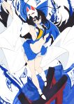  1girl absurdres arm_up armpits ascot black_hair blue_skirt blush bow breasts detached_sleeves fox_mask frilled_bow frilled_hair_tubes frills full_body gohei hair_bow hair_tubes hakurei_reimu hat highres large_breasts long_hair mask mask_on_head navel no_bra open_mouth red_eyes ribbon-trimmed_sleeves ribbon_trim simple_background skirt skirt_set smile socks solo touhou unanooo_(fthx7532) underboob white_background white_socks wide_sleeves yellow_ascot 