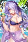  artist_name bikini blue_sky breasts camilla_(fire_emblem_if) cleavage closed_mouth cloud cup day drinking_glass felielle fire_emblem fire_emblem_heroes fire_emblem_if flower hair_flower hair_ornament hair_over_one_eye holding holding_cup large_breasts long_hair nail_polish purple_eyes purple_hair sarong see-through sky solo standing swimsuit water 