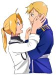  :d alphonse_elric alternate_costume amestris_military_uniform antenna_hair blonde_hair brothers cowboy_shot crying crying_with_eyes_open edward_elric eye_contact eyelashes frown fullmetal_alchemist hands_on_another's_face height_difference highres long_sleeves looking_at_another male_focus military military_uniform multiple_boys open_mouth ponytail profile sad sakanachanman shirt short_hair siblings simple_background smile standing tears uniform upper_body white_background white_shirt yellow_eyes 
