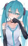  1girl black_gloves blush breasts closed_mouth commentary cum cum_on_body elbow_gloves facial globe gloves green_eyes grey_hair hatsune_miku highres necktie off_shoulder simple_background small_breasts solo sweat thinker25075754 twintails vocaloid white_background 