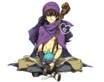  1boy abs brown_hair closed_mouth dragon_quest dragon_quest_v ebira elbow_gloves full_body gloves hero_(dq5) indian_style long_hair looking_at_viewer male_focus purple_turban simple_background single_elbow_glove sitting slime_(dragon_quest) solo staff white_background 