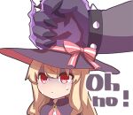  1girl bad_link blonde_hair cape chibi closed_mouth english_text hair_between_eyes hat hat_ribbon little_witch_nobeta long_hair lowres nobeta nobeta_(witch_skin) official_art red_eyes ribbon simple_background solo transparent_background upper_body witch_hat 