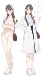  1girl ama_mitsuki bag bare_legs black_skirt blue_shirt blush bra breasts brown_bag brown_eyes brown_hair cleavage closed_mouth coat elbow_carry flower glasses hair_flower hair_ornament hand_on_own_hip handbag highres lab_coat long_hair navel open_clothes open_coat original panties shirt shoes shoulder_bag side-tie_panties skirt sneakers solo standing translation_request underwear white_bra white_coat white_panties 