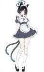  1girl alternate_costume animal_ears apron black_dress black_eyes black_hair black_shoes blue_archive blue_halo blush breasts cat_ears cat_girl cat_tail closed_mouth collarbone dress enmaided frilled_apron frilled_hairband frills full_body hairband halo highres kikyou_(blue_archive) kneehighs looking_at_viewer maid maid_headdress marisasu_(marisa0904) medium_breasts multiple_tails puffy_short_sleeves puffy_sleeves shoes short_sleeves simple_background skirt_hold socks solo standing tail two_tails waist_apron white_apron white_background white_hairband white_socks 