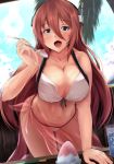  alternate_costume azur_lane bangs bare_arms bare_shoulders bikini blue_eyes blue_sky blurry blurry_background blush breasts chopsticks cleavage cloud collarbone commentary_request cup day eyebrows_visible_through_hair giving groin hair_between_eyes headset holding holding_spoon kanzaki_kureha large_breasts leaning_forward long_hair looking_at_viewer navel open_mouth outdoors palm_tree pink_hair pov ranger_(azur_lane) sarong see-through shaved_ice sidelocks sky solo spoon stomach swimsuit table tree white_bikini 