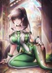  1girl absurdres arm_support black_hair blunt_bangs bodysuit breasts brown_eyes commentary_request eve_(stellar_blade) fingerless_gloves gloves green_bodysuit highres large_breasts long_hair looking_at_viewer multicolored_bodysuit open_mouth paid_reward_available planet_diving_suit_(7th)_(stellar_blade) ponytail silver_bodysuit skin_tight sleeveless sleeveless_bodysuit smile solo stellar_blade two-tone_bodysuit very_long_hair white_gloves ziteng_yue 