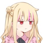 1girl :/ bad_link blonde_hair closed_mouth hair_bun little_witch_nobeta long_hair long_sidelocks looking_to_the_side lowres multicolored_hair nobeta nobeta_(land_mine_girl_skin) official_alternate_costume official_art pink_hair pink_shirt red_eyes shirt sidelocks simple_background solo transparent_background two-tone_hair 