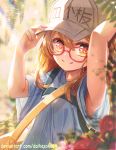  adjusting_clothes adjusting_hat armpits arms_up bag baseball_cap bespectacled blue_shirt brown_eyes commentary daikazoku63 deviantart_username eyelashes flower glasses hat hataraku_saibou highres light_brown_hair looking_at_viewer platelet_(hataraku_saibou) red-framed_eyewear rose shirt short_sleeves smile solo upper_body 