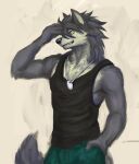  1boy animal_ears black_shirt black_tank_top byowt commentary_request dog_boy dog_ears dog_tail furry furry_male hand_in_pocket highres kouya_aotsuki looking_at_viewer male_focus morenatsu profile shirt sleeveless sleeveless_shirt smile tail tank_top 