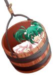 1girl alphes_(style) blush bucket commentary_request dairi full_body green_eyes green_hair hair_bobbles hair_ornament in_bucket in_container japanese_clothes kimono kisume large_variant_set long_sleeves open_mouth parody short_hair solo style_parody surprised tachi-e touhou transparent_background twintails variant_set white_kimono wooden_bucket 