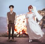  1boy 1girl absurdres ayase_momo black_hair brown_hair brown_pants brown_vest dandadan derivative_work dress earrings fire gloves hands_in_pockets highres jewelry looking_at_viewer off_shoulder outdoors pants photo-referenced round_eyewear takakura_ken_(dandadan) updo vest wedding_dress white_dress white_gloves yuqi_non 