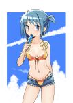  absurdres arms_behind_back ass_visible_through_thighs bikini blue_eyes blue_hair blue_sky blush border breasts cleavage cloud collarbone contrapposto cutoff_jeans cutoffs day eating eyebrows_visible_through_hair food front-tie_top gloamy highres magia_record:_mahou_shoujo_madoka_magica_gaiden mahou_shoujo_madoka_magica medium_breasts miki_sayaka navel outside_border popsicle short_hair short_shorts shorts side_ponytail skindentation sky solo standing striped striped_bikini sweat swimsuit swimsuit_under_clothes thighs white_border 