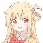  1girl bad_link bow bowtie little_witch_nobeta long_hair looking_at_viewer lowres nobeta nobeta_(knitted_uniform_skin) official_art open_mouth portrait red_bow red_bowtie red_eyes sidelocks simple_background solo transparent_background 