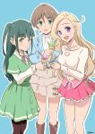  3girls :d blonde_hair blue_background blue_jacket blunt_bangs blush boots breasts brown_boots brown_hair brown_pantyhose cleavage cleavage_cutout closed_mouth clothing_cutout collared_shirt commentary contrast_collar crop_top cropped_shirt cup feet_out_of_frame food frilled_skirt frills futtenten green_eyes green_hair green_shirt green_skirt harumiya_yukuri hashtag-only_commentary highres holding holding_cup holding_ice_cream_cone ice_cream ice_cream_cone ice_cream_cup ice_cream_spoon ikizulive!_love_live!_bluebird jacket knee_boots konohana_aurora layered_sleeves long_hair long_sleeves love_live! medium_breasts midriff miniskirt multiple_girls navel neck_ribbon open_clothes open_jacket open_mouth outline pantyhose pink_ribbon pink_skirt pleated_skirt purple_eyes ribbon shirt short_hair short_over_long_sleeves short_sleeves side_ahoge sidelocks signature simple_background skirt skirt_set smile soft_serve spoon standing sweater turtleneck turtleneck_sweater two_side_up very_long_hair white_outline white_shirt white_skirt white_sweater yamada_midori yellow_eyes 